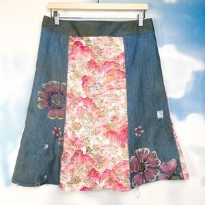 Handmade, hand painted, one of one cherry blossoms denim midi skirt